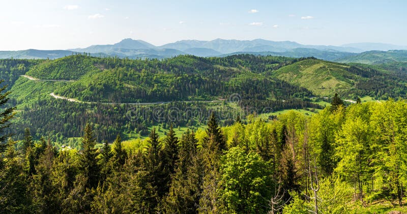 View from lookout tower on Smrekovka hill above Vychylovka settlement in Slovakia