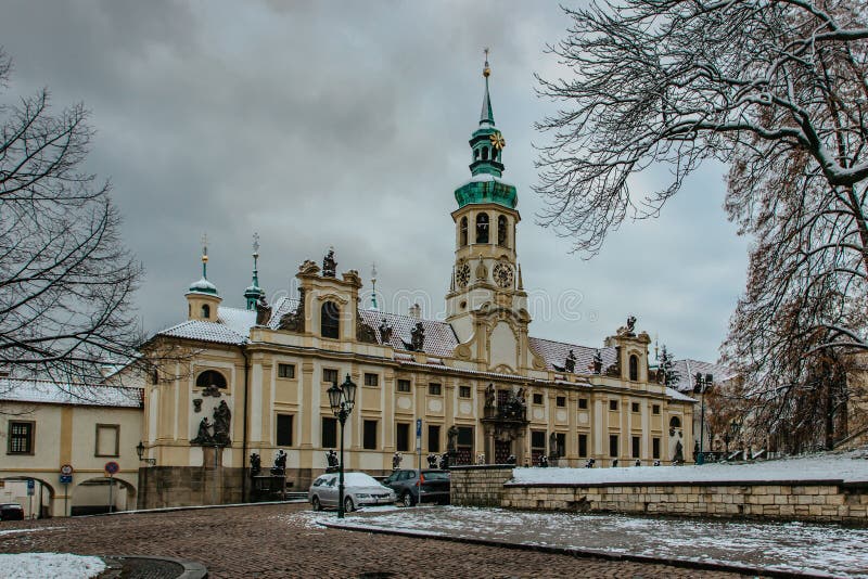 View of Loreto Sanctuary in winter,Prague,Czech republic.Marian pilgrimage site with the Baroque Church surrounded by cloisters