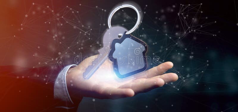 Man holding a Key and house 3d rendering royalty free illustration