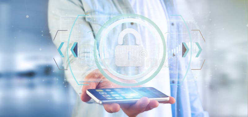 Man holding a padlock web security concept 3d rendering stock illustration