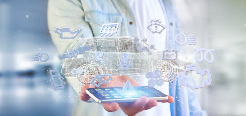 Man holding Smartcar icon around an automobile 3d rendering vector illustration.