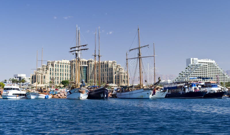 View on marina and resort hotels, Eilat, Israel