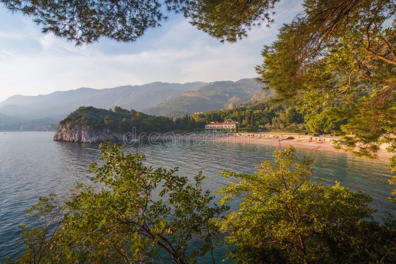 View of the Mediterranean sea and luxury hotel near beach. Milocer Park. Montenegro. royalty free stock image View of the Mediterranean sea and luxury hotel near beach. Milocer Park. Montenegro. royalty free stock image