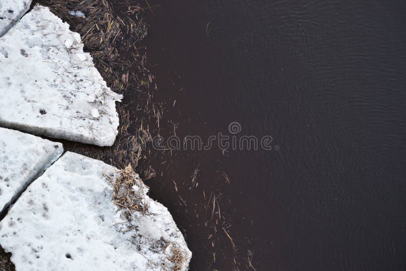 View of melting ice floes in muddy river water with garbage in spring royalty free stock photos View of melting ice floes in muddy river water with garbage in spring royalty free stock photos