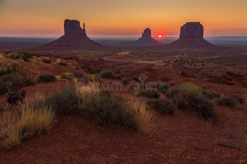 View on Merrick, East and West Mitten Butte and Sunrise. Stock Photo ...