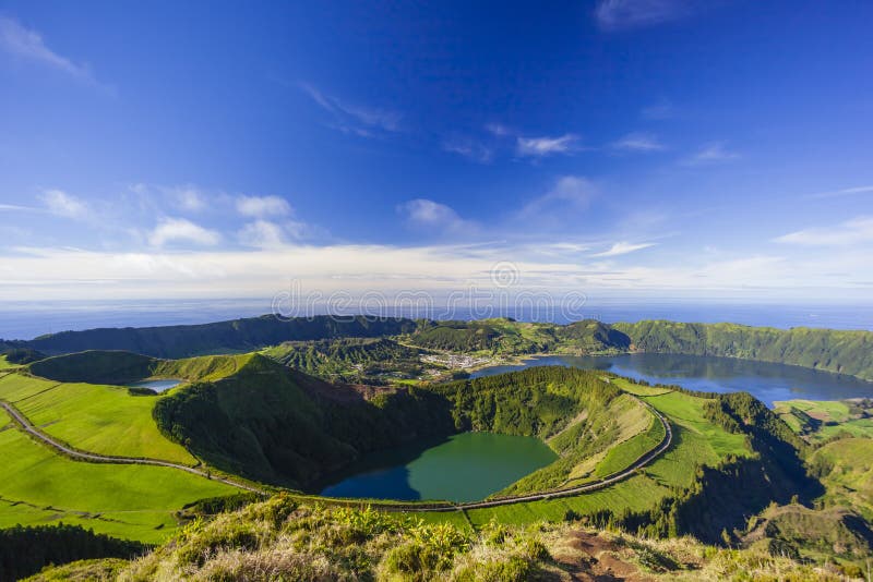 View from Miradouro da Boca do Inferno to the volcanic crater of Sete Citades, Lagoa Verde, Lagoa Azul and Lagoa de Santiago, Sao Miguel, Azores, Portugal. View from Miradouro da Boca do Inferno to the volcanic crater of Sete Citades, Lagoa Verde, Lagoa Azul and Lagoa de Santiago, Sao Miguel, Azores, Portugal