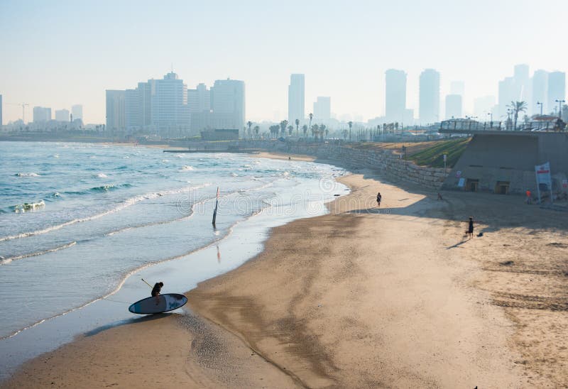 Early morning Tel Aviv across the sandy bay of Jaffa royalty free stock photography Early morning Tel Aviv across the sandy bay of Jaffa royalty free stock photography