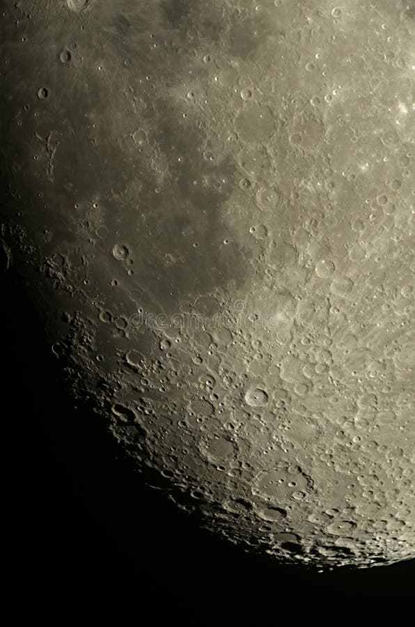 Moon through a Telescope with High Magnification. Craters on the Moon