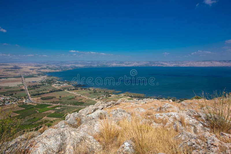 A view of mount Arbel and sea of Galilee Kineret part of jesus trail, Israel