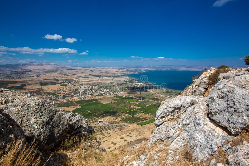 A view of mount Arbel and sea of Galilee Kineret part of jesus trail, Israel