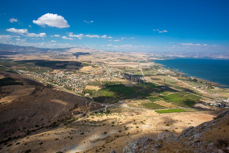 A view of mount Arbel and sea of Galilee Kineret part of jesus trail, Israel
