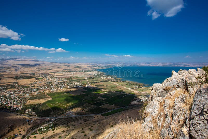 A view of mount Arbel and sea of Galilee Kineret part of jesus trail, Israel