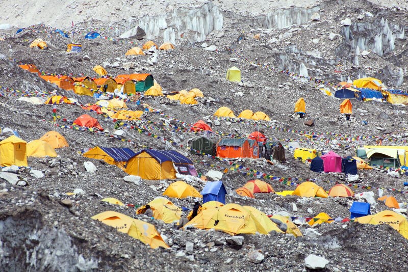 View from Mount Everest base camp. EVEREST BASE CAMP, NEPAL, 27th APRIL 2016 - View from Mount Everest base camp, tents and prayer flags, sagarmatha national royalty free stock photography View from Mount Everest base camp. EVEREST BASE CAMP, NEPAL, 27th APRIL 2016 - View from Mount Everest base camp, tents and prayer flags, sagarmatha national royalty free stock photography