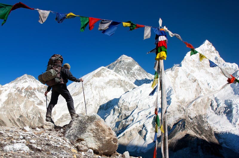 Mount Everest with tourist and prayer flags