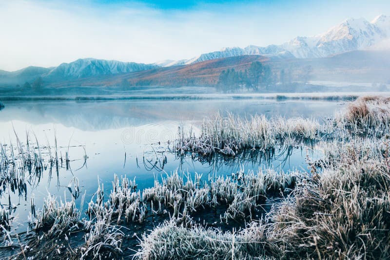 View of the mountain lake foggy stock image View of the mountain lake foggy stock image