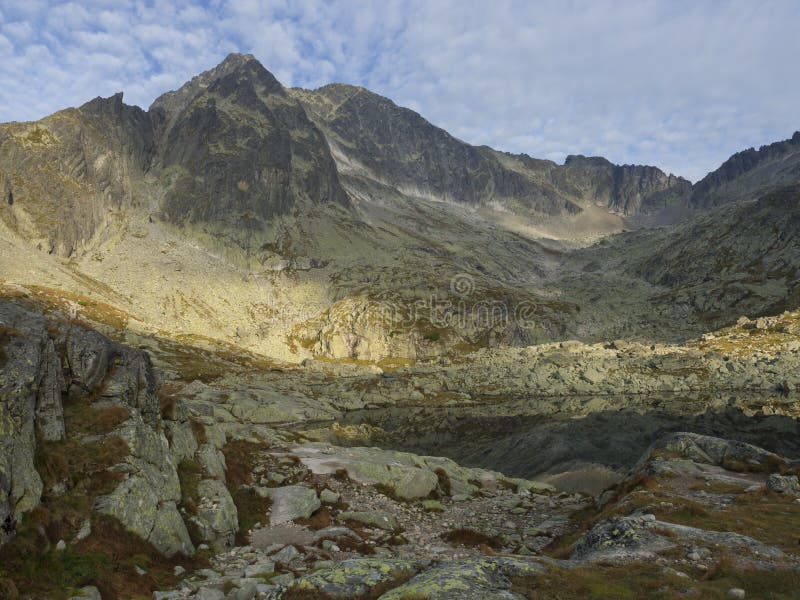 View on mountain lake Prostredne Spisske pleso at the end of the hiking route to the Teryho Chata mountain shelter in