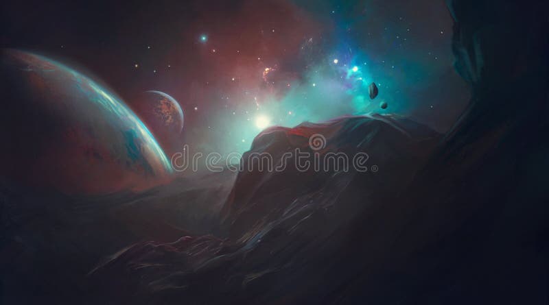 View from the mountain surface of the Earth to two planets stock illustration