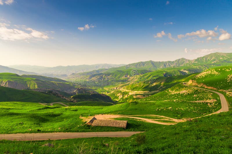 View of the mountain valley of Armenia and the horizon, green juicy beautiful