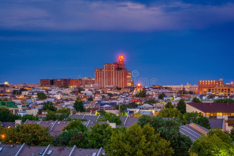 View of the Natty Boh Tower at night in Canton, Baltimore, Maryland