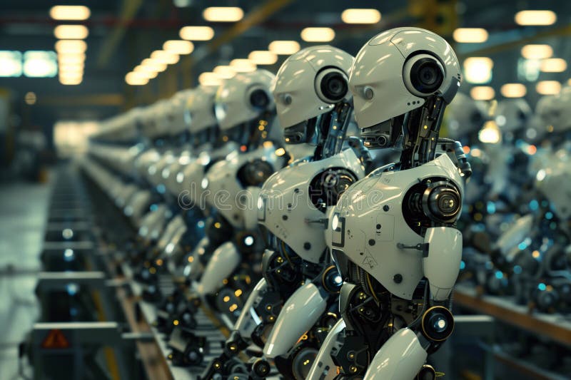 View Of New Android Robots In Production In The Workshop. Ai generated.