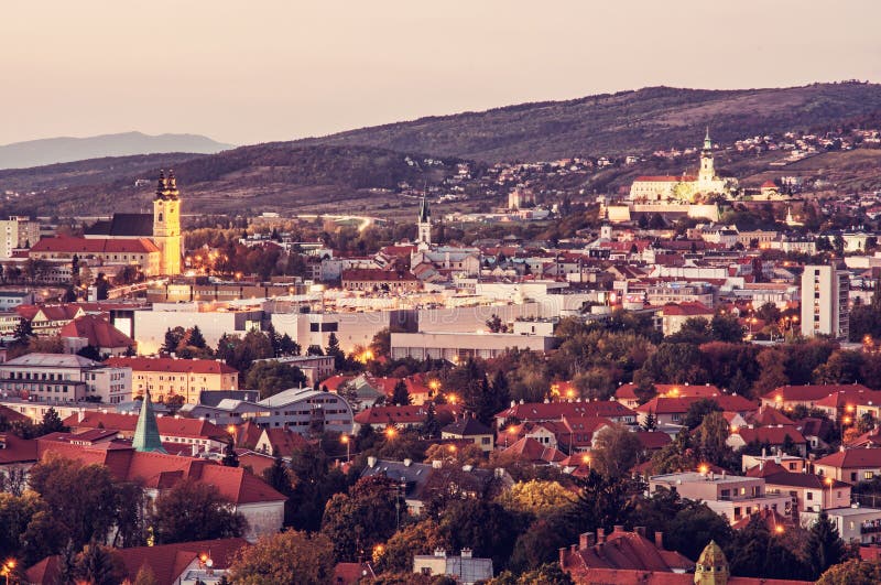 Nitra city, Slovakia, evening urban scene, red filter