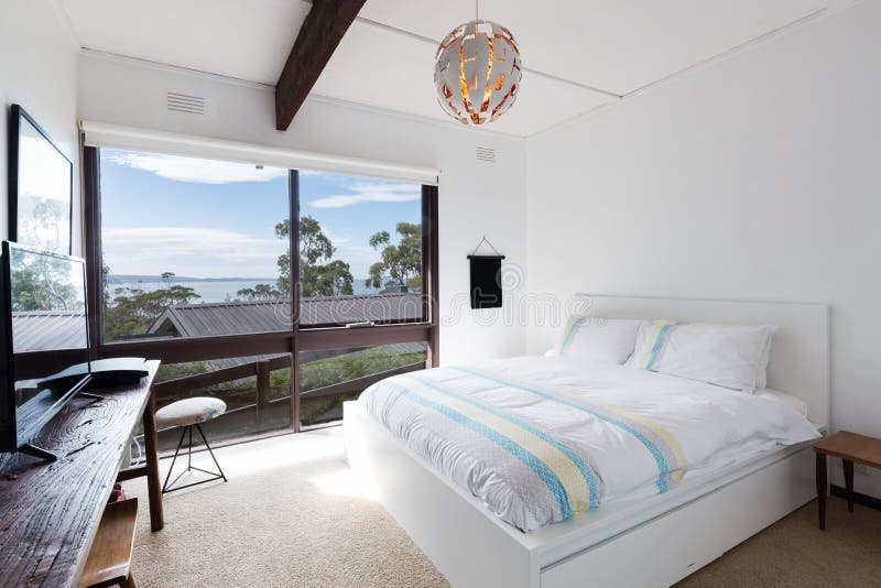 View of the Ocean from a Retro Beach House Bedroom Stock Image Image
