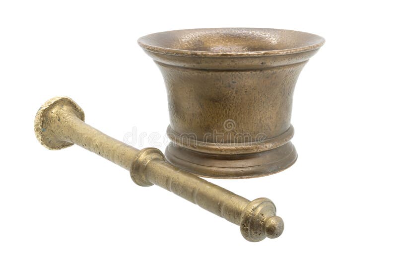 Old bronze mortar and pestle isolated on white background. Pestle in a mortar, plaque on the metal side of old age