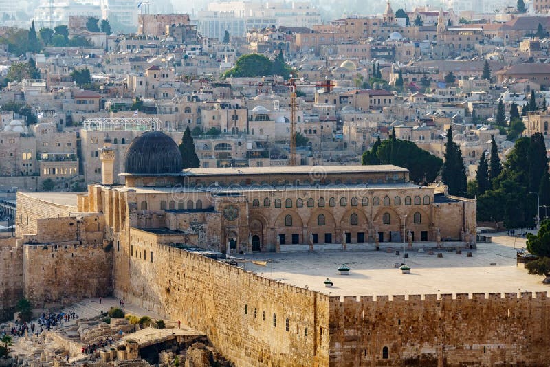 View of old city of jerusalem, temple mount, Mousque of Al-aqsa , Dome of the Rock or golden dome from mount of olives in