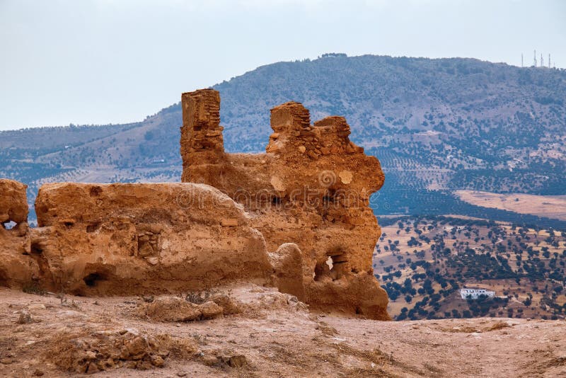 View on the old medieval ruins near Marinid Tombs hill. Fez, Morocco