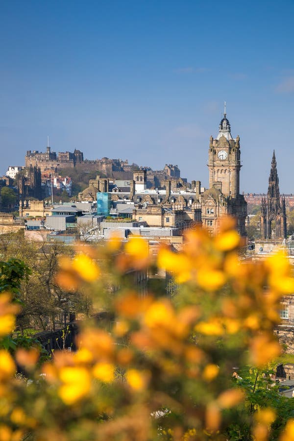 View of Old Town Edinburgh with Flowers during Spring in Scotland Stock