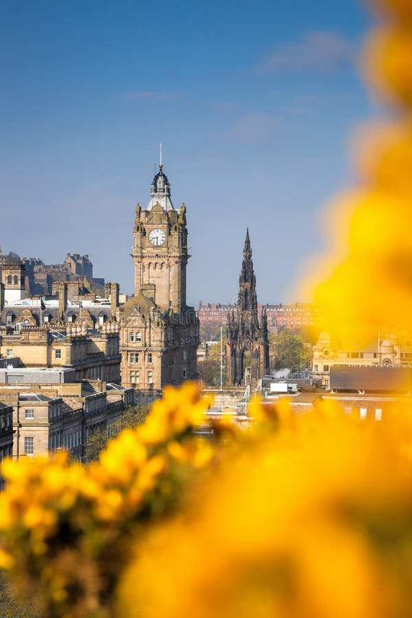 View of Old Town Edinburgh with Flowers during Spring in Scotland Stock
