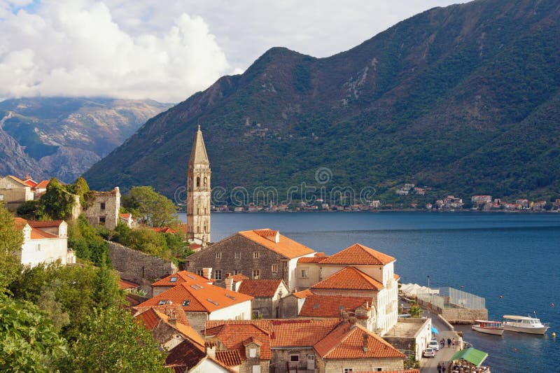 View of old town of Perast with bell tower of church of St. Nicholas. Bay of Kotor, Montenegro