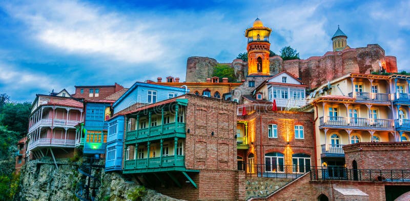 View of the Old Town of Tbilisi, Georgia after sunset royalty free stock photos View of the Old Town of Tbilisi, Georgia after sunset royalty free stock photos