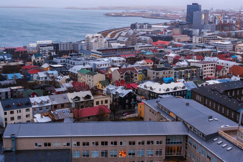 View of Old Town from top of church tower at dusk, Reykjavik