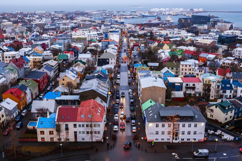 View of Old Town from top of church tower at dusk, Reykjavik