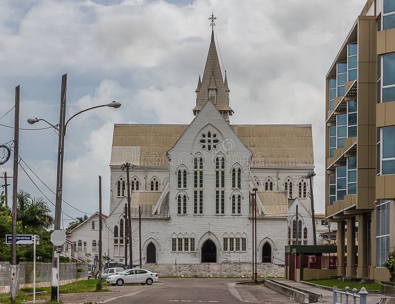 View of the old wooden cathedral of St. George`s Cathedral Anglican Church in Georgetown, the capital of Guyana. One of the tallest wooden churches in the stock photos View of the old wooden cathedral of St. George`s Cathedral Anglican Church in Georgetown, the capital of Guyana. One of the tallest wooden churches in the stock photos
