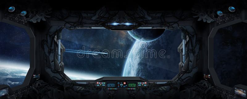 View of outer space from the window of a space station vector illustration