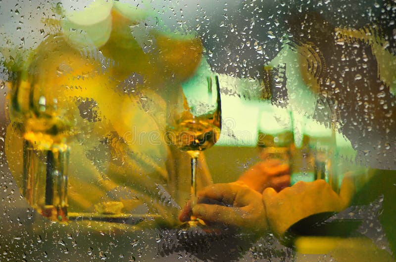 View from outside rainy day a restaurant window stock photos View from outside rainy day a restaurant window stock photos