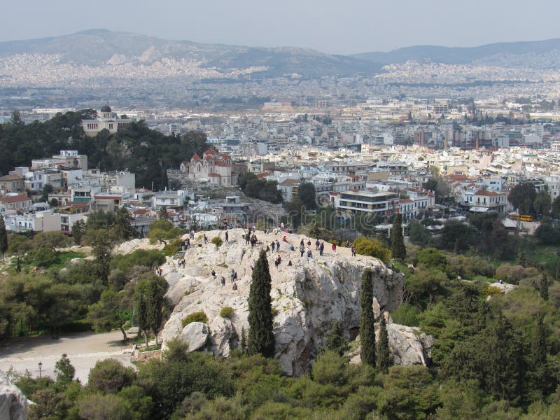 Athens, Greece The Athens Skyline And The Areopagus Ares Rock Stock
