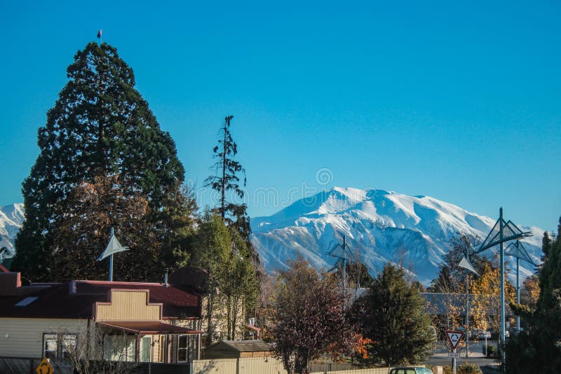 View over Mount Hutt from Methven village, Canterbury, South Island, New Zealand