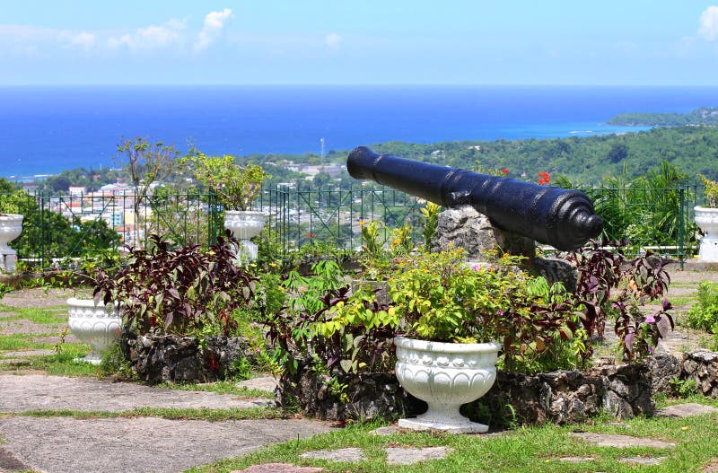View over Ocho Rios port town from Shaw Park Botan. The scenic view over Ocho Rios port town from Shaw Park Botanical Gardens, Jamaica royalty free stock photos View over Ocho Rios port town from Shaw Park Botan. The scenic view over Ocho Rios port town from Shaw Park Botanical Gardens, Jamaica royalty free stock photos