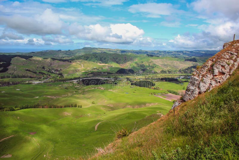 View over scenic green valley from Te Mata Peak near Hastings, North Island, New Zealand