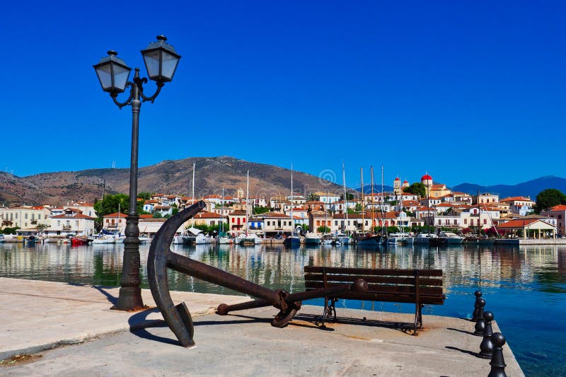 View Over Harbour to Galaxidi Town With Church on Hill Top, Greece