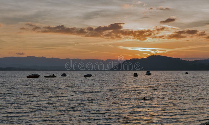 Sunset Liptovska Mara lake in Liptovsky Trnovec village, Slovakia.