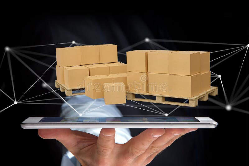 Pallet of Carboxes with Network Connection System 3d Render Stock