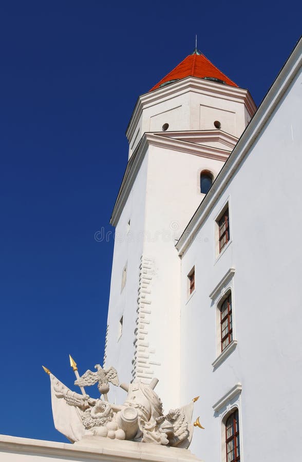 View of part of Bratislava castle and statue in Bratislava, Slovakia
