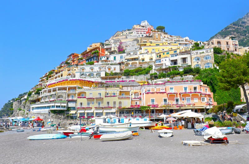 View of the picturesque town of Positano on Italy`s Amalfi Coast.  Unrecognizable Tourists.