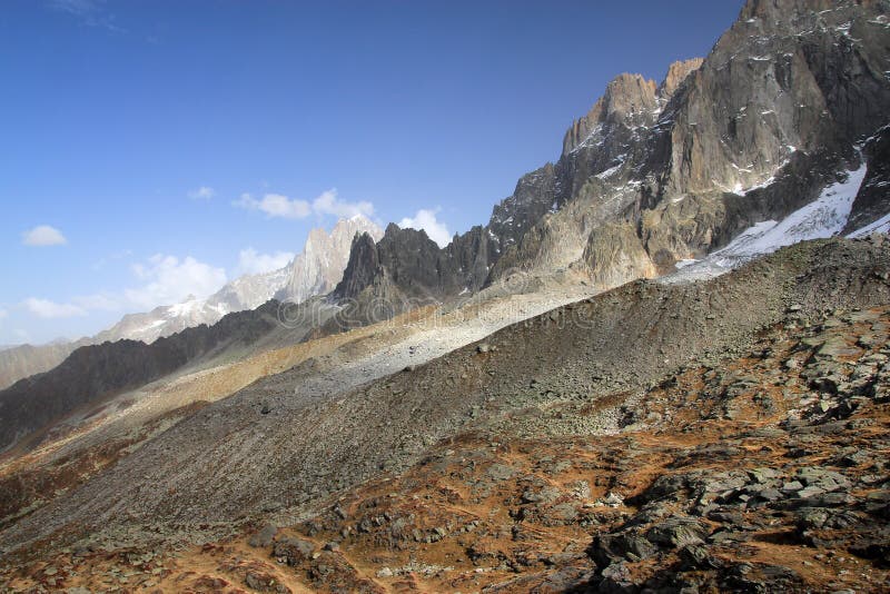 View on Plan de Aiguille du Midi mountain range in Chamonix, France