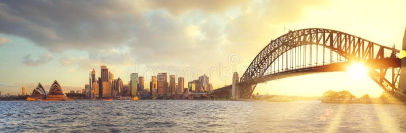 View point of Sydney harbour with city and bridge in sunset time