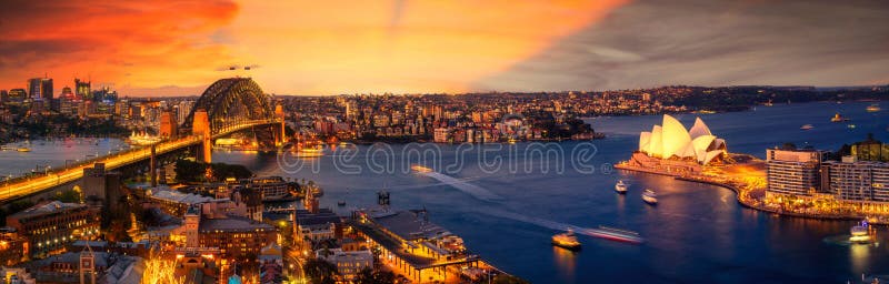 View point of Sydney harbour with city and bridge in sunset time